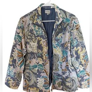 Women’s Chico’s Blue Floral Paisley Embroidered Cotton Zip Jacket size 3